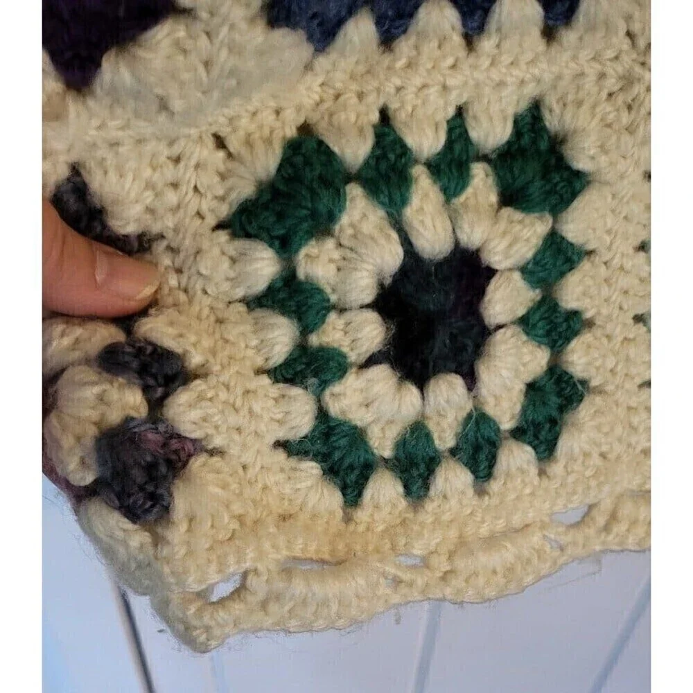 Granny Square Crochet Multicolor Cream Vintage Afghan Blanket